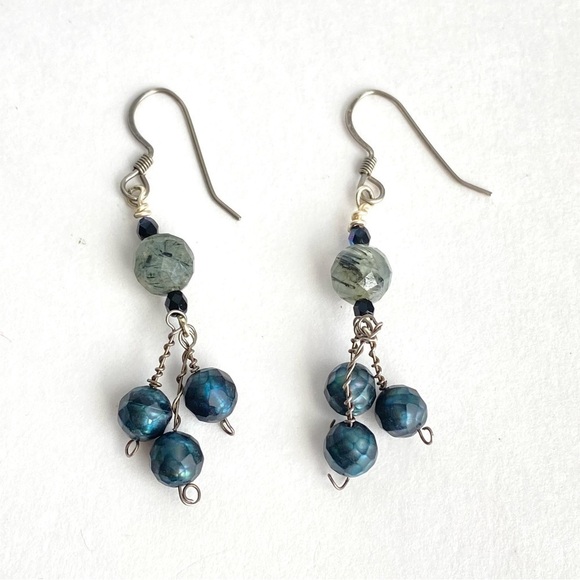 Vintage Rutilated Quartz Earrings Iridescent Peacock Blue Green Beaded Handmade - Picture 7 of 8